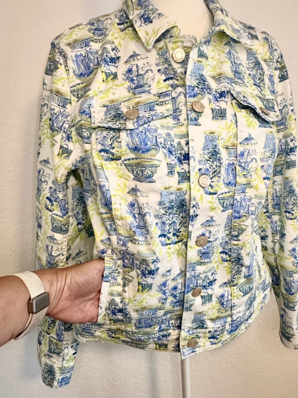 Talbots Floral Watercolor Print Jean Jacket, Size L - Picture 6 of 13